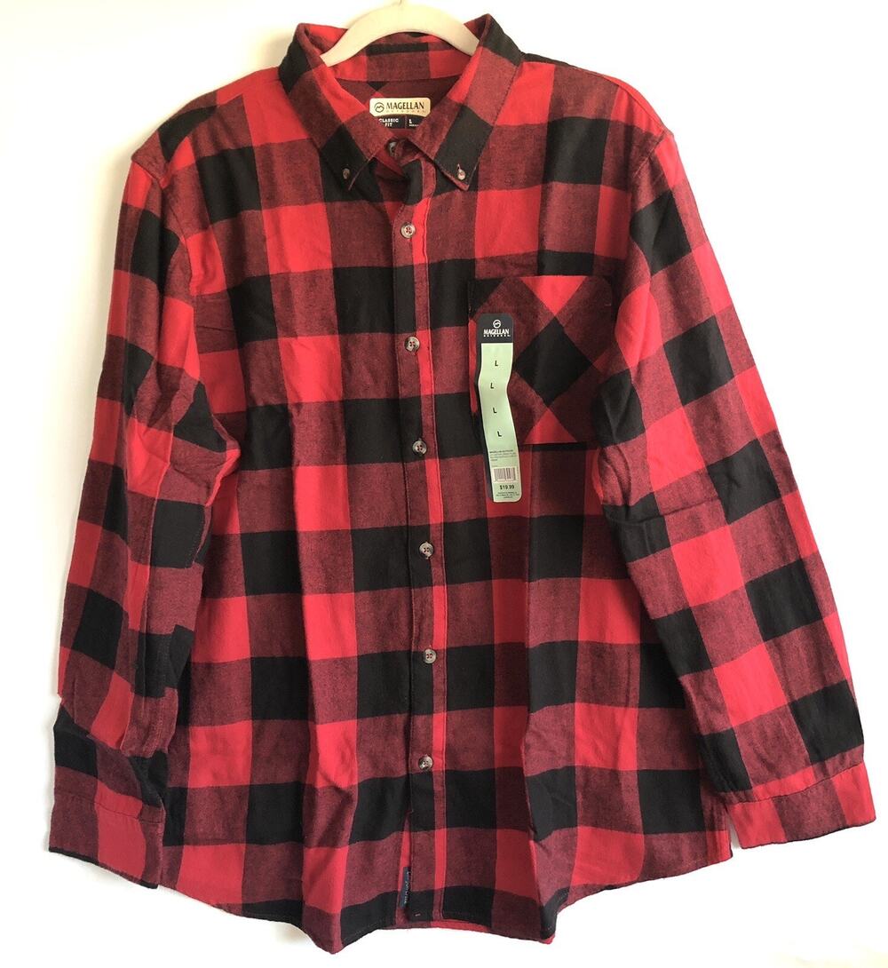Magellan Outdoors Flannel Shirt Mens Large Classic Fit Red & Black Plaid New